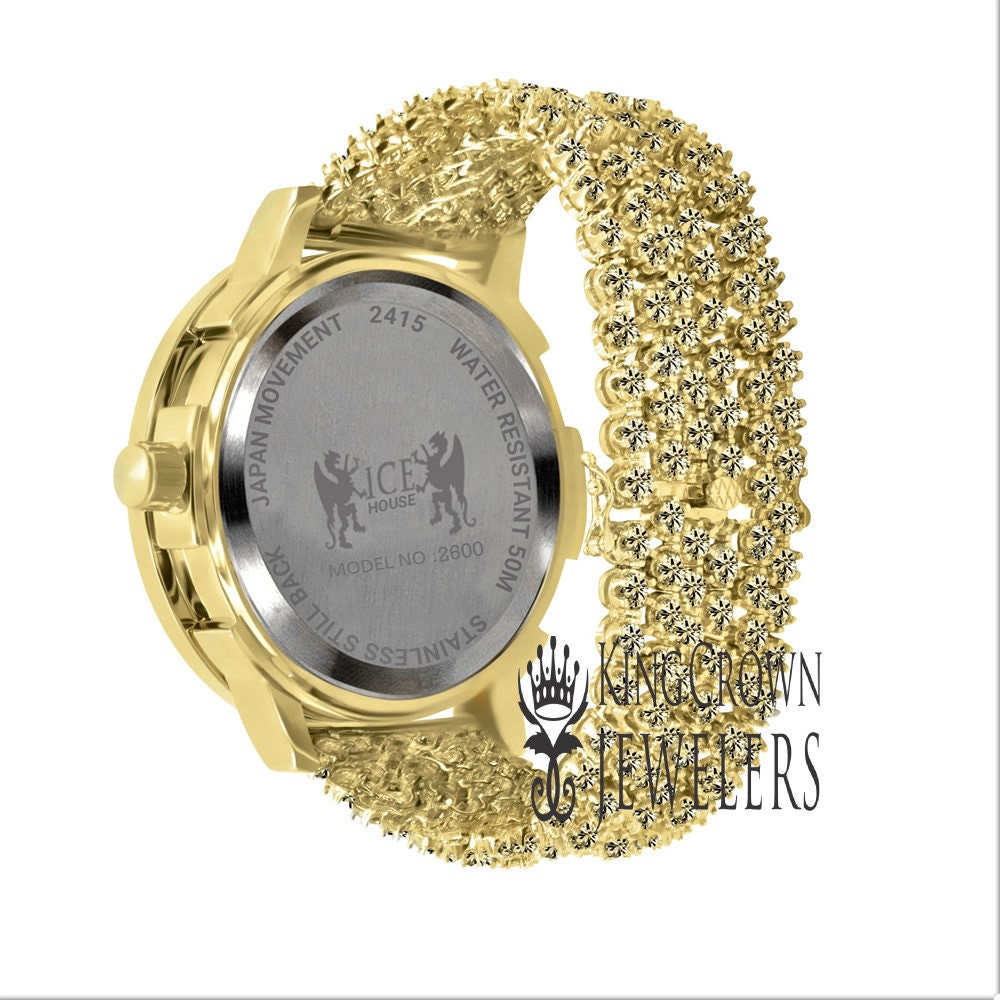 Analog Solitaire Bezel Real Diamond Dial Gold Canarey Tone Iced Out Custom Band Mens Luxury Solid Steel Back Watch W/Date