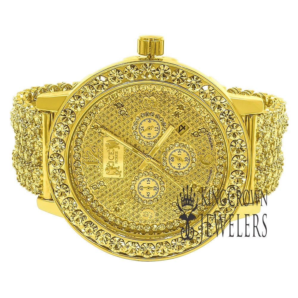 Mens  Canary Gold Tone Solitaire Bezel Real Genuine Diamond Dial Iced Out Custom Band Watch W/Date Function