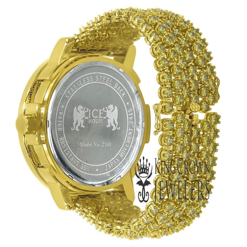 Mens  Canary Gold Tone Solitaire Bezel Real Genuine Diamond Dial Iced Out Custom Band Watch W/Date Function