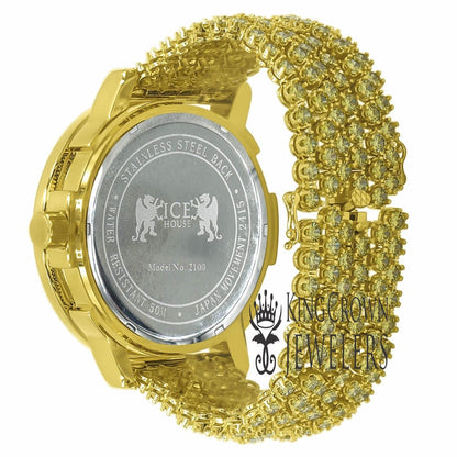 Mens  Canary Gold Tone Solitaire Bezel Real Genuine Diamond Dial Iced Out Custom Band Watch W/Date Function