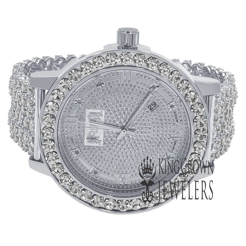 White Gold Tone Mens Solitaire Bezel Real Genuine Diamond Dial Iced Out Custom Band Watch W/Date Function