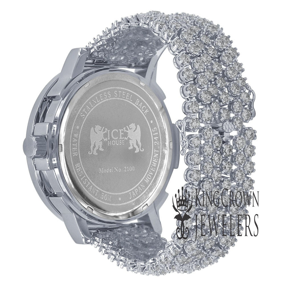White Gold Tone Mens Solitaire Bezel Real Genuine Diamond Dial Iced Out Custom Band Watch W/Date Function