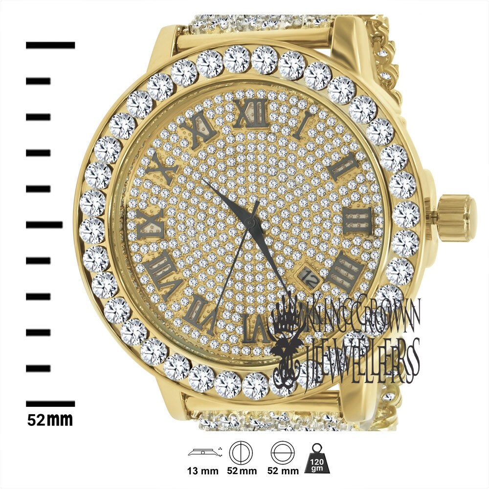Roman Numeral Face Dial 55mm Solitaire Bezel All Gold Tone Lab Diamond Steel Back Mens Watch W/Date