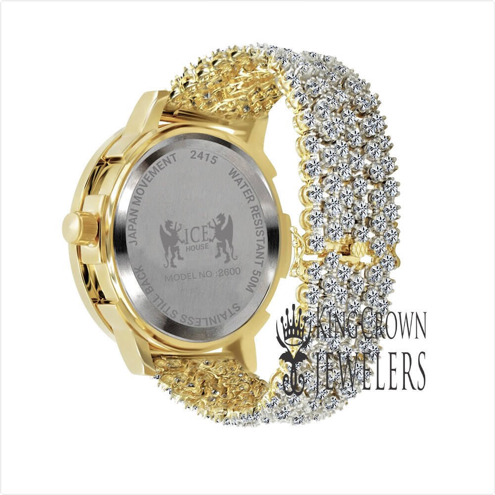 Roman Numeral Face Dial 55mm Solitaire Bezel All Gold Tone Lab Diamond Steel Back Mens Watch W/Date
