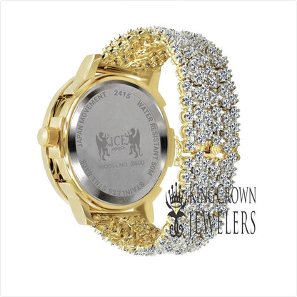 Roman Numeral Face Dial 55mm Solitaire Bezel All Gold Tone Lab Diamond Steel Back Mens Watch W/Date