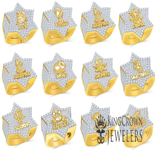 Real Genuine Italian Sterling Silver Zodiac Sign Astrology Horoscope 2.00 Cwt. Simulated Diamond 14K Yellow Gold Over Star Shape Ring Band