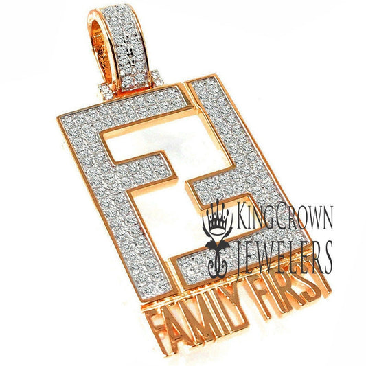 14K Rose Gold On Real Sterling Silver Family First Simulated Diamonds Custom Charm Pendant