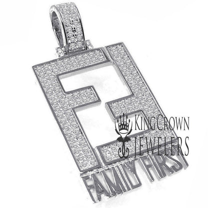 14K White Gold On Real Sterling Silver Family First Simulated Diamonds Custom Charm Pendant