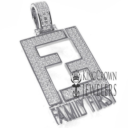 14K White Gold On Real Sterling Silver Family First Simulated Diamonds Custom Charm Pendant