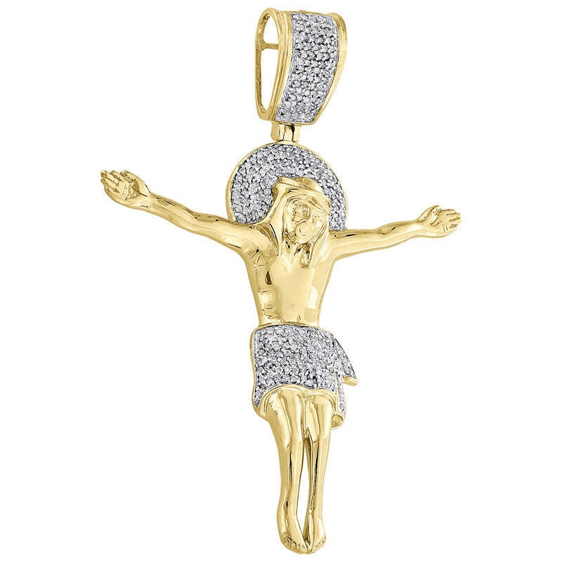 Real Genuine Diamonds Crucifix Holy Jesus Pendant Cross Designer Charm 10K Gold Finish 2.5''
