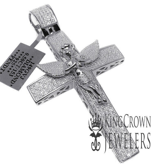 Real Genuine Diamonds Exclusive Custom Piece Praying Angel Wings Jesus Cross Charm Pendant 10K White Gold Finish
