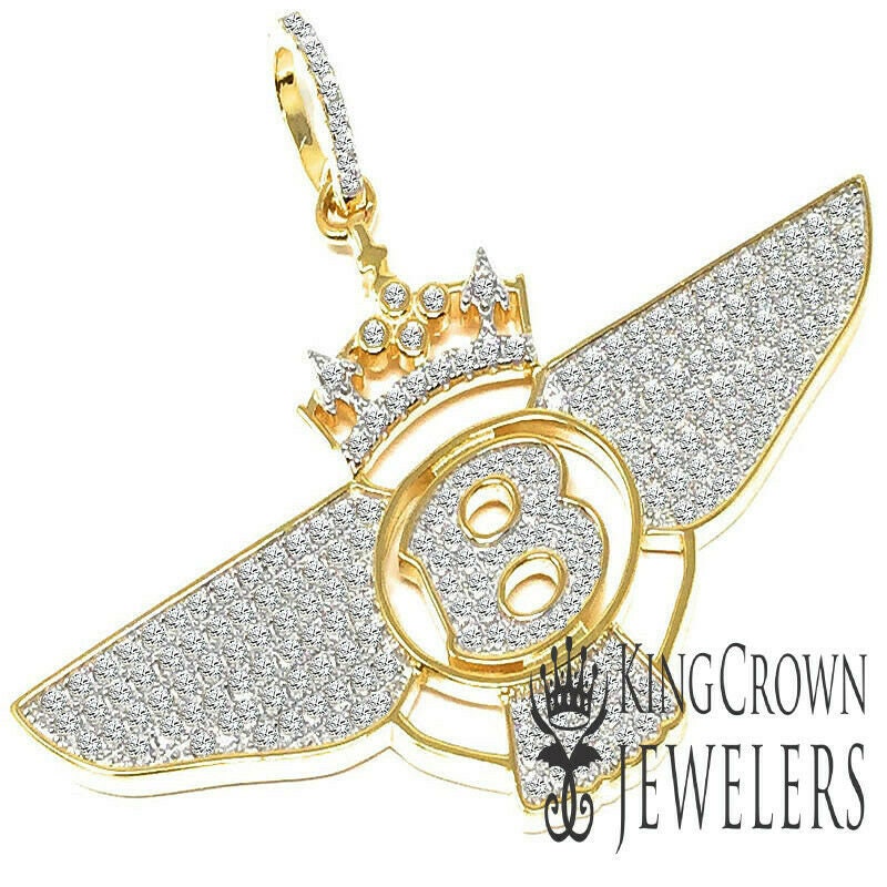 Real Yellow Gold Sterling Silver Simulated Diamond B Wing Flying B Bentley Crown Pendant Charm