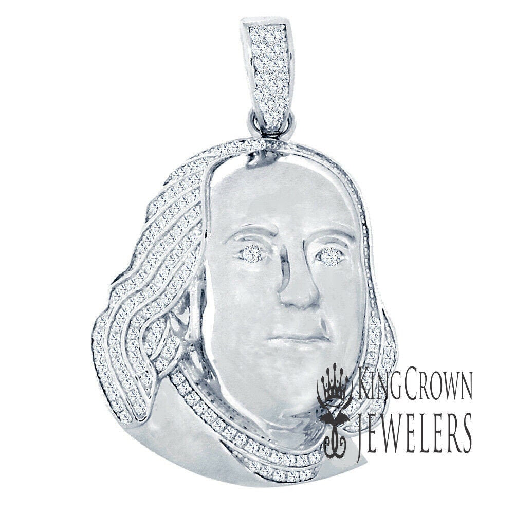 Pure  Italian Sterling Silver 14K White Gold Finish 100 Dollar Bill Money Face Franklin Lab Diamond Custom Charm Pendant 2"