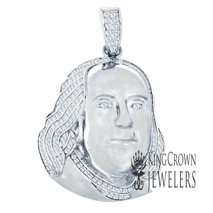 Pure  Italian Sterling Silver 14K White Gold Finish 100 Dollar Bill Money Face Franklin Lab Diamond Custom Charm Pendant 2"