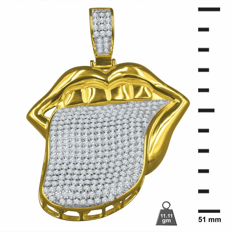 Real Yellow Gold Sterling Silver Stuck Out Tongue Pendant Simulated Diamond Desire Pave Custom Charm
