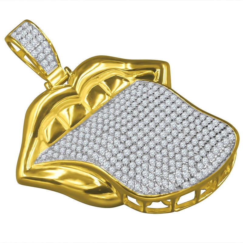 Real Yellow Gold Sterling Silver Stuck Out Tongue Pendant Simulated Diamond Desire Pave Custom Charm
