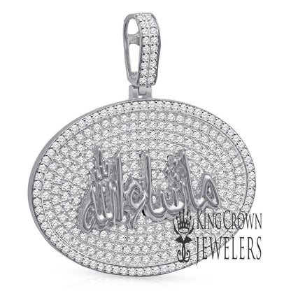 Real Sterling Silver 14K White Gold Finish Lab Diamond Mashallah Muslim Charm Islamic Pendant Medallion
