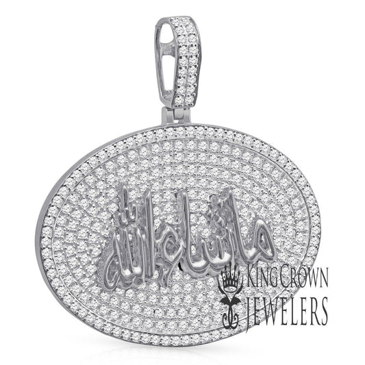 Real Sterling Silver 14K White Gold Finish Lab Diamond Mashallah Muslim Charm Islamic Pendant Medallion