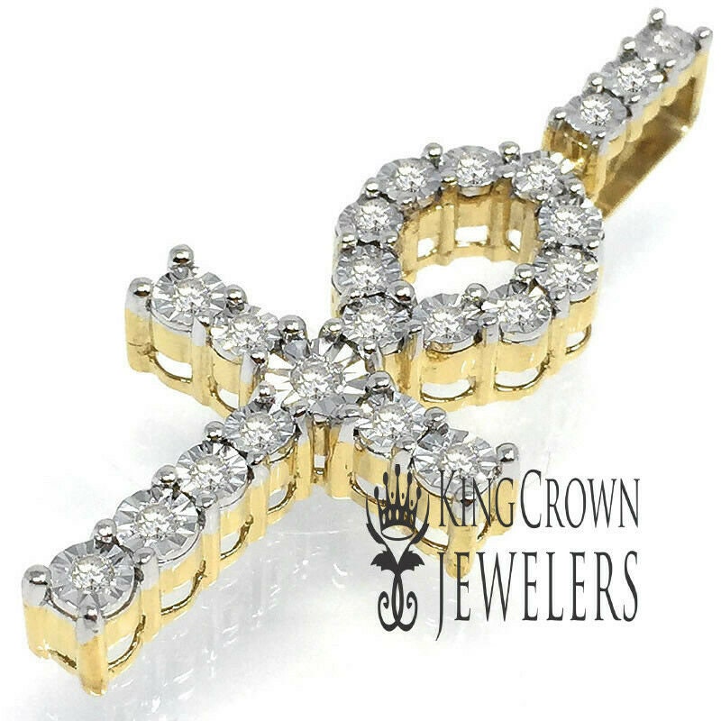 Real Genuine Diamonds Ankh Cross Charm 10K Yellow Gold Finish Unisex Pendant 2''