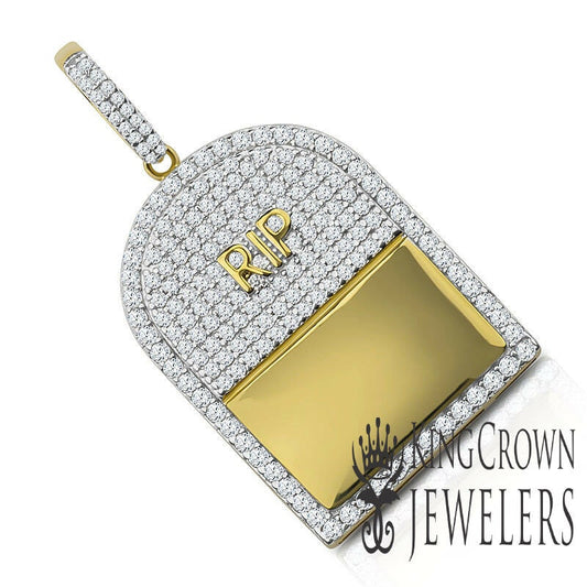 10K Yellow Gold On Genuine Sterling Silver RIP Tombstone Custom Pendant Simulated Diamond Charm 1.65"
