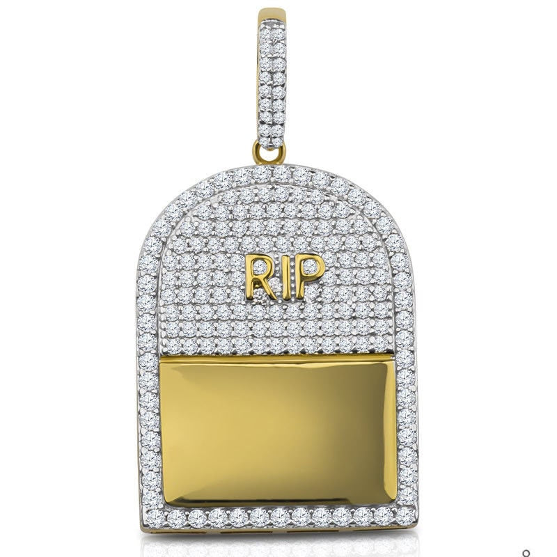 10K Yellow Gold On Genuine Sterling Silver RIP Tombstone Custom Pendant Simulated Diamond Charm 1.65"