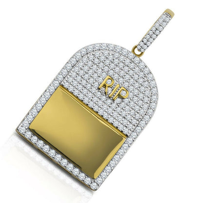 10K Yellow Gold On Genuine Sterling Silver RIP Tombstone Custom Pendant Simulated Diamond Charm 1.65"
