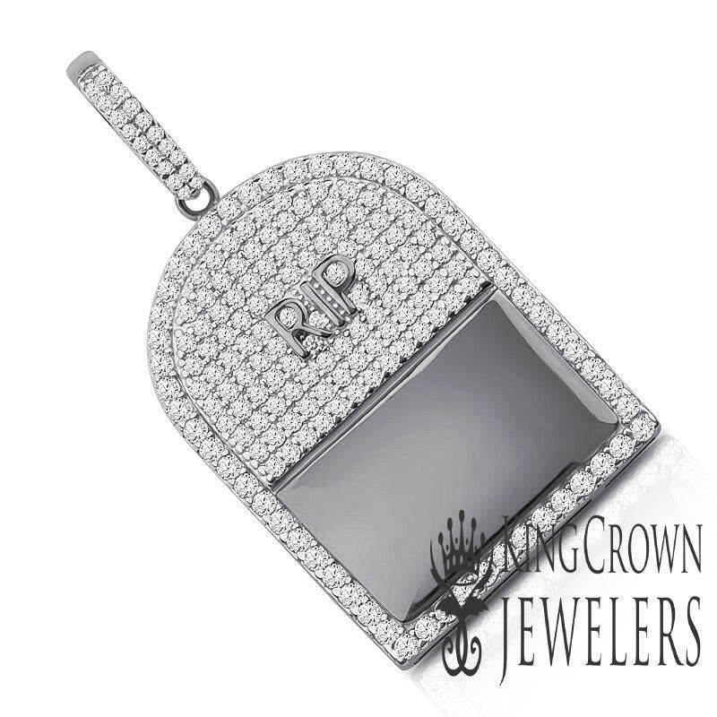 10K White Gold On Genuine Sterling Silver RIP Tombstone Custom Pendant Simulated Diamond Charm 1.65"