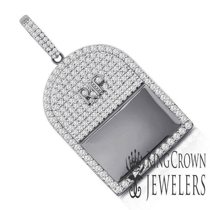 10K White Gold On Genuine Sterling Silver RIP Tombstone Custom Pendant Simulated Diamond Charm 1.65"
