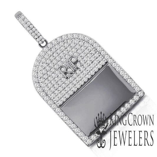 10K White Gold On Genuine Sterling Silver RIP Tombstone Custom Pendant Simulated Diamond Charm 1.65"