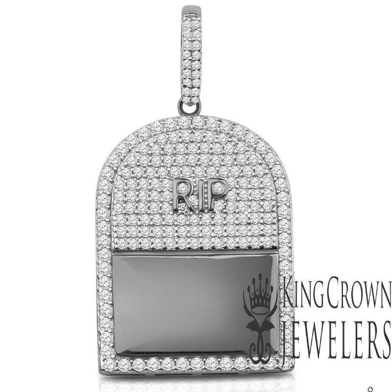 10K White Gold On Genuine Sterling Silver RIP Tombstone Custom Pendant Simulated Diamond Charm 1.65"