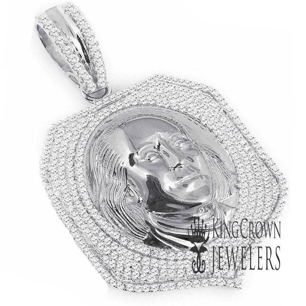 Men's 14K White Gold Over Pure Sterling Silver Pendant Simulated Diamond Benjamin Franklin Cash Money Face Custom Charm