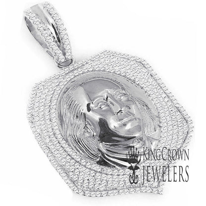Men's 14K White Gold Over Pure Sterling Silver Pendant Simulated Diamond Benjamin Franklin Cash Money Face Custom Charm