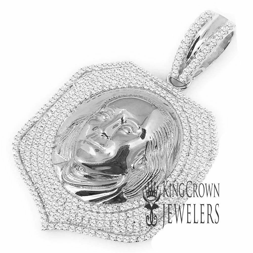 Men's 14K White Gold Over Pure Sterling Silver Pendant Simulated Diamond Benjamin Franklin Cash Money Face Custom Charm