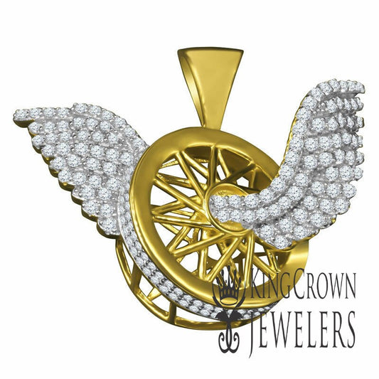 10K Yellow Gold On Silver Flying Tire Wheel Rim Wings Pendant Simulated  Diamond Charm