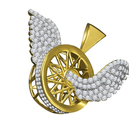10K Yellow Gold On Silver Flying Tire Wheel Rim Wings Pendant Simulated  Diamond Charm