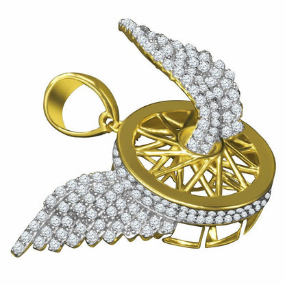10K Yellow Gold On Silver Flying Tire Wheel Rim Wings Pendant Simulated  Diamond Charm