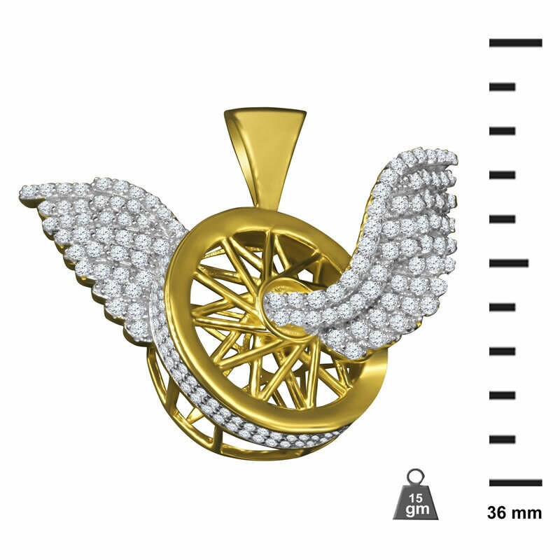 10K Yellow Gold On Silver Flying Tire Wheel Rim Wings Pendant Simulated  Diamond Charm