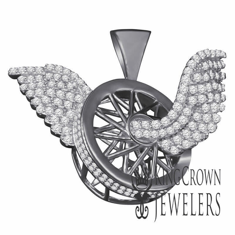 10K White Gold On Silver Flying Tire Wheel Rim Wings Pendant Simulated Diamond Charm