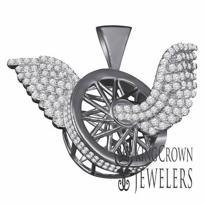 10K White Gold On Silver Flying Tire Wheel Rim Wings Pendant Simulated Diamond Charm