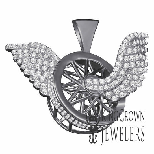 10K White Gold On Silver Flying Tire Wheel Rim Wings Pendant Simulated Diamond Charm