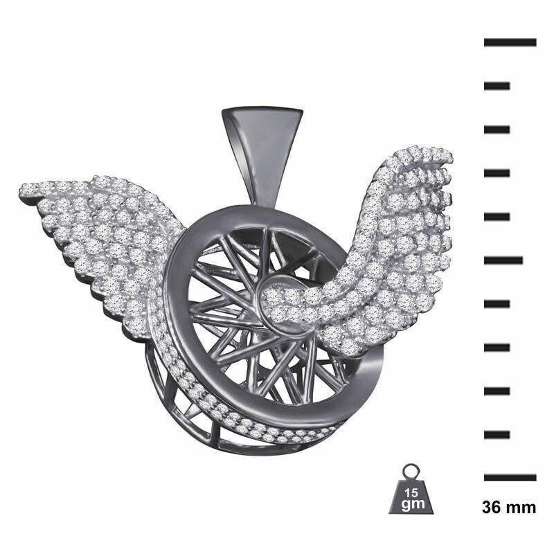 10K White Gold On Silver Flying Tire Wheel Rim Wings Pendant Simulated Diamond Charm