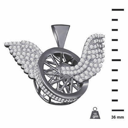10K White Gold On Silver Flying Tire Wheel Rim Wings Pendant Simulated Diamond Charm