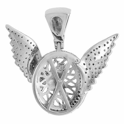 10K White Gold On Silver Flying Tire Wheel Rim Wings Pendant Simulated Diamond Charm