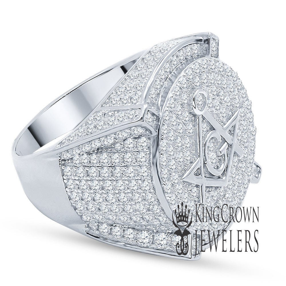 Mens Real Sterling Silver 14K White Gold Finish Simulated Diamond Masonic Free Mason G Compass Ring Band