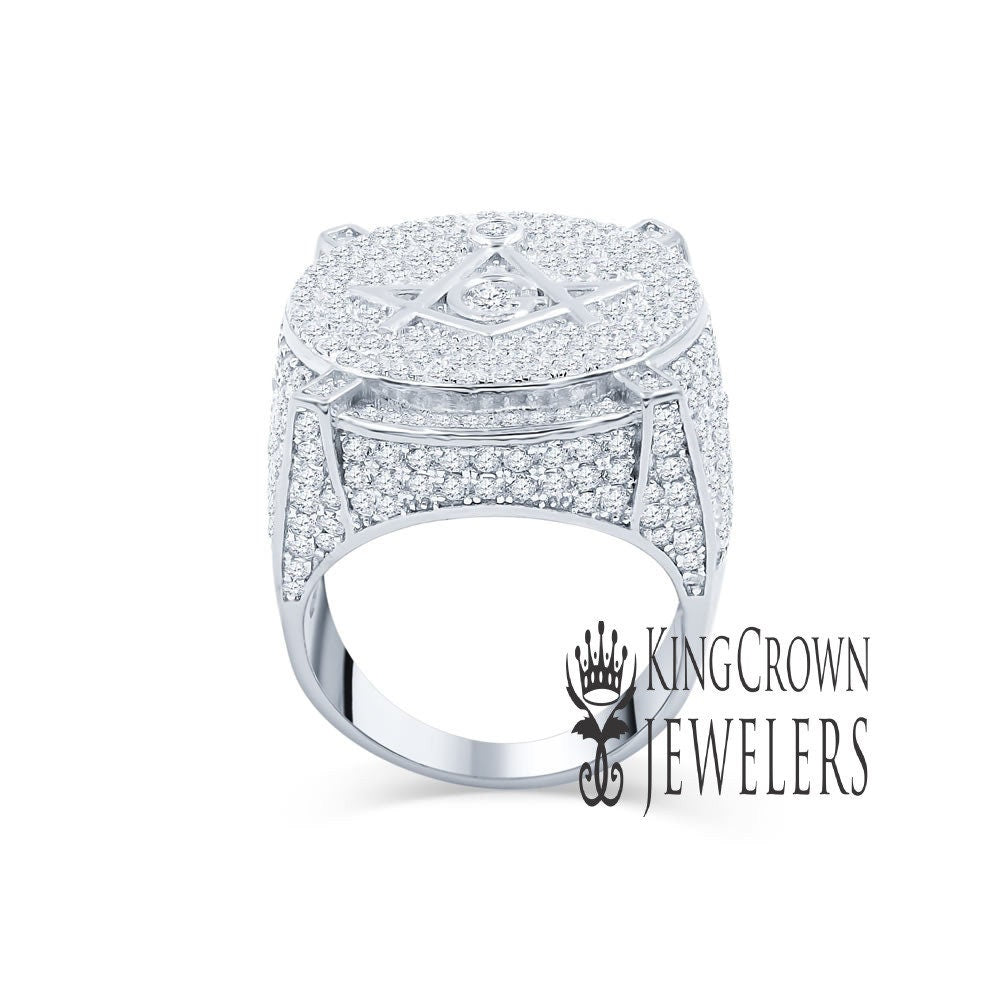 Mens Real Sterling Silver 14K White Gold Finish Simulated Diamond Masonic Free Mason G Compass Ring Band