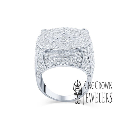 Mens Real Sterling Silver 14K White Gold Finish Simulated Diamond Masonic Free Mason G Compass Ring Band
