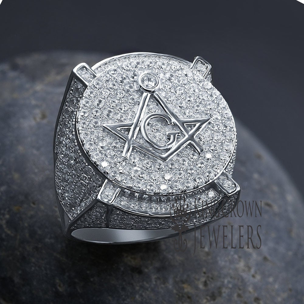 Mens Real Sterling Silver 14K White Gold Finish Simulated Diamond Masonic Free Mason G Compass Ring Band