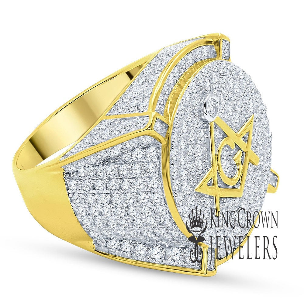 Mens Real Yellow Gold Sterling Silver Simulated Diamond Masonic Free Mason G Compass Pinky Ring Band
