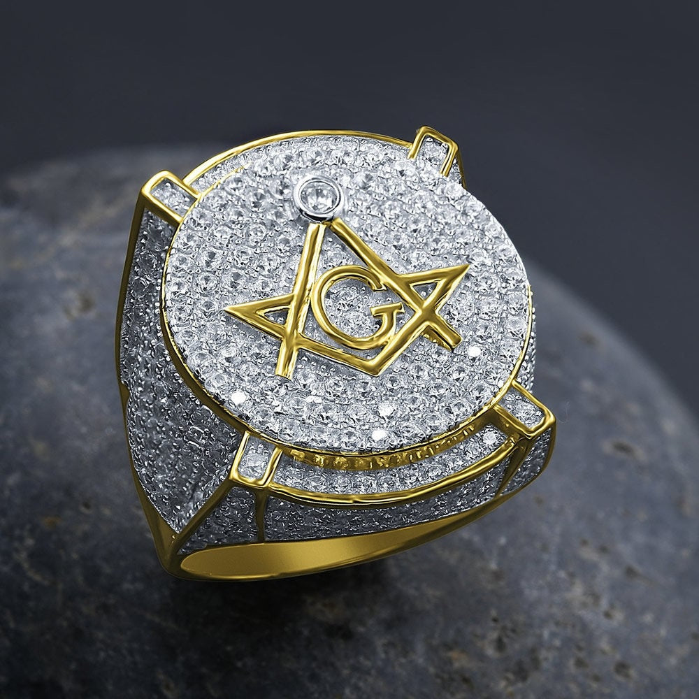 Mens Real Yellow Gold Sterling Silver Simulated Diamond Masonic Free Mason G Compass Pinky Ring Band