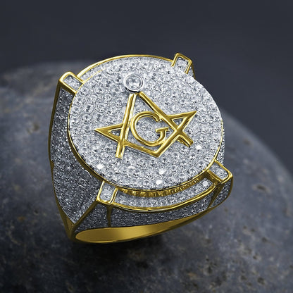 Mens Real Yellow Gold Sterling Silver Simulated Diamond Masonic Free Mason G Compass Pinky Ring Band